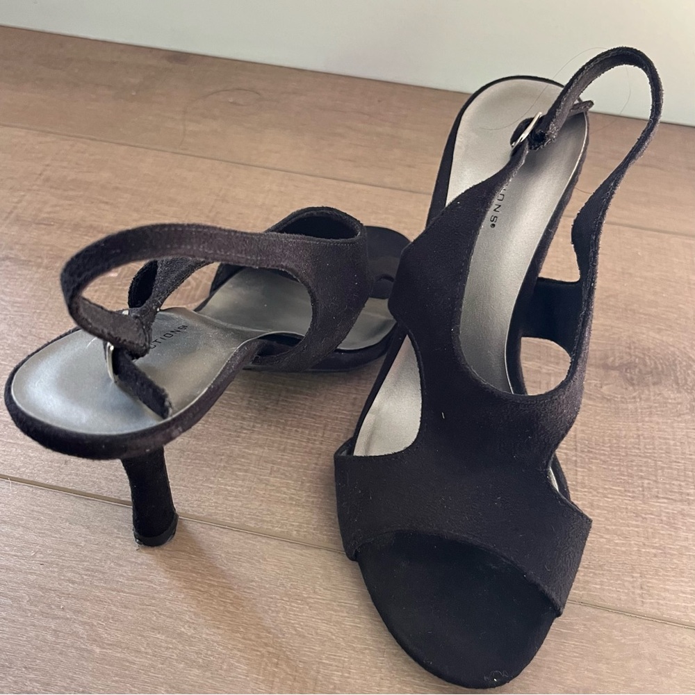 Predictions Black Open Toe‎ Sandals Pumps Size 8.5 Faux Suede Heels Ankle Strap